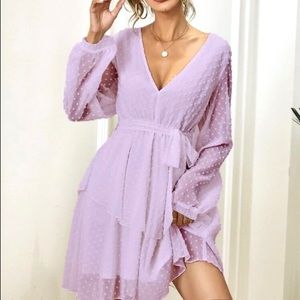 SHEIN Lilac Purple Swiss Dot Bishop Sleeve Layered Hem Belted Dress